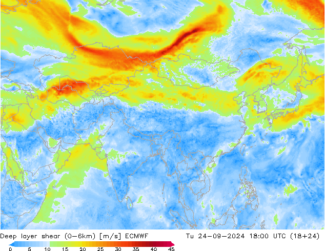 Deep layer shear (0-6km) ECMWF Út 24.09.2024 18 UTC