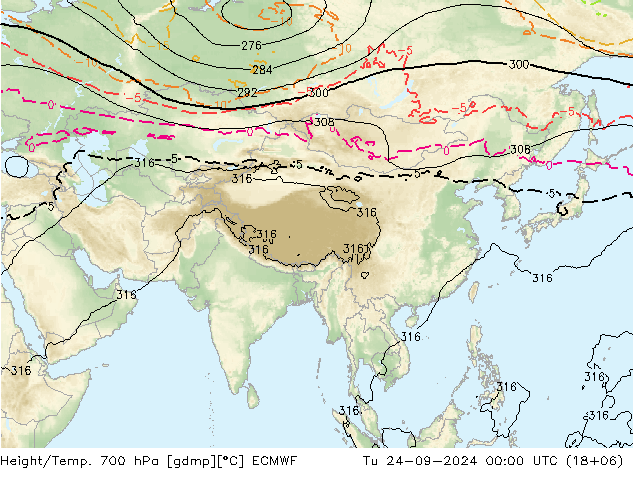 Geop./Temp. 700 hPa ECMWF mar 24.09.2024 00 UTC