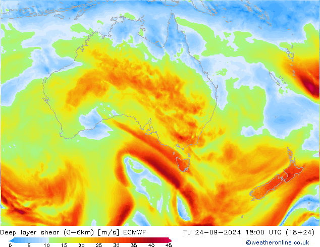 Deep layer shear (0-6km) ECMWF Tu 24.09.2024 18 UTC