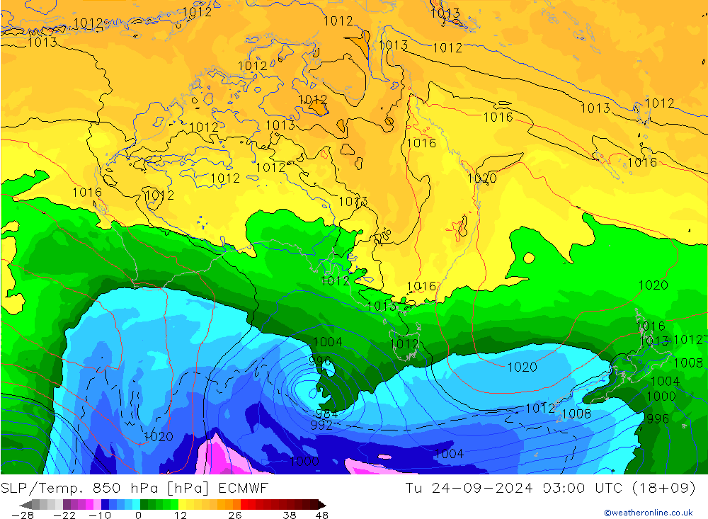 SLP/Temp. 850 hPa ECMWF Út 24.09.2024 03 UTC