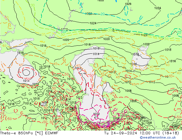 Theta-e 850hPa ECMWF wto. 24.09.2024 12 UTC