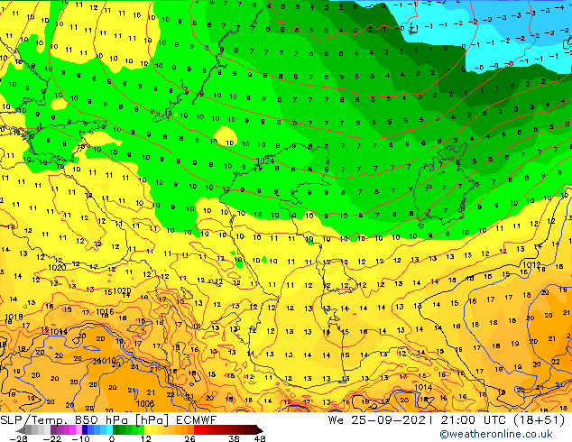 SLP/Temp. 850 hPa ECMWF mié 25.09.2024 21 UTC