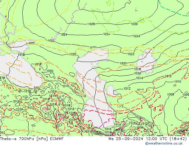 Theta-e 700гПа ECMWF ср 25.09.2024 12 UTC