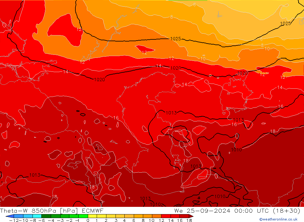 Theta-W 850hPa ECMWF mié 25.09.2024 00 UTC