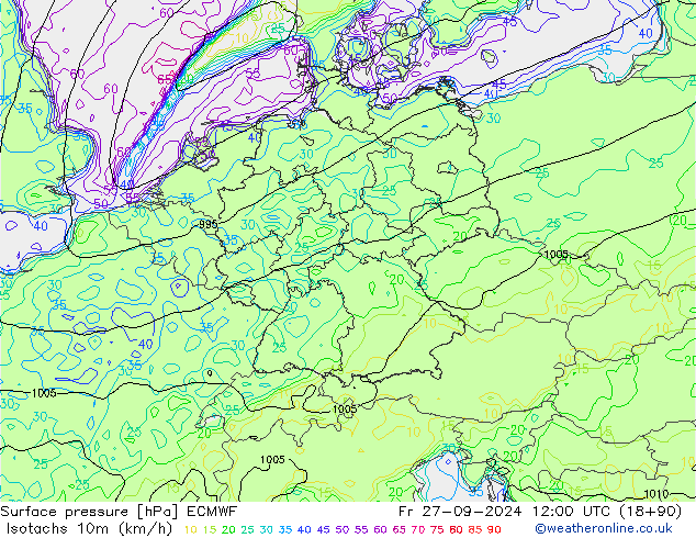 Izotacha (km/godz) ECMWF pt. 27.09.2024 12 UTC