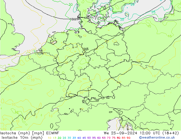 Isotachen (mph) ECMWF Mi 25.09.2024 12 UTC