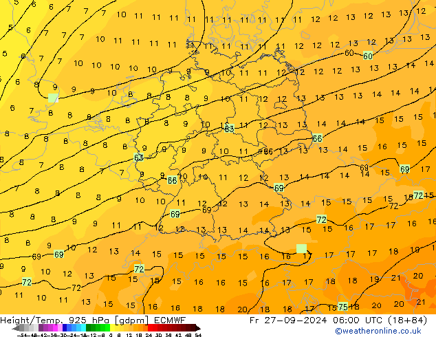 Hoogte/Temp. 925 hPa ECMWF vr 27.09.2024 06 UTC