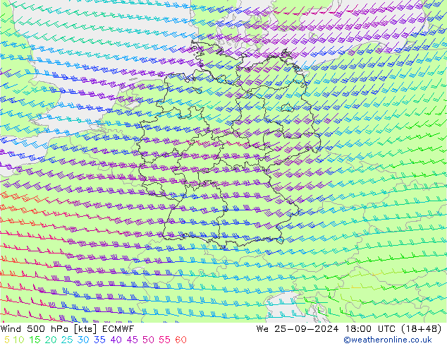 Viento 500 hPa ECMWF mié 25.09.2024 18 UTC