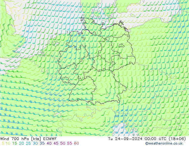 Wind 700 hPa ECMWF Di 24.09.2024 00 UTC