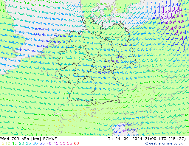 Vento 700 hPa ECMWF mar 24.09.2024 21 UTC