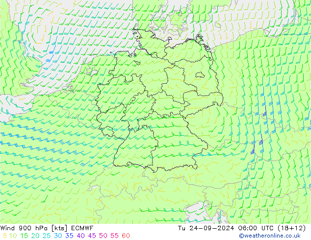 Wind 900 hPa ECMWF Út 24.09.2024 06 UTC