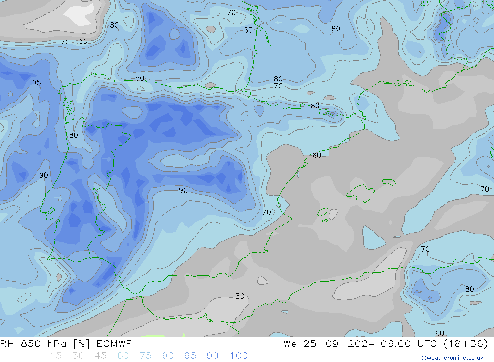 RH 850 гПа ECMWF ср 25.09.2024 06 UTC