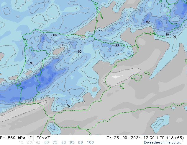 RH 850 hPa ECMWF Čt 26.09.2024 12 UTC