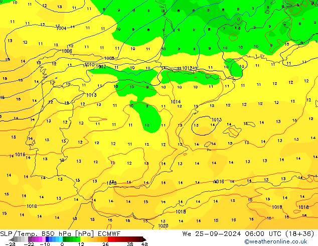 SLP/Temp. 850 hPa ECMWF We 25.09.2024 06 UTC