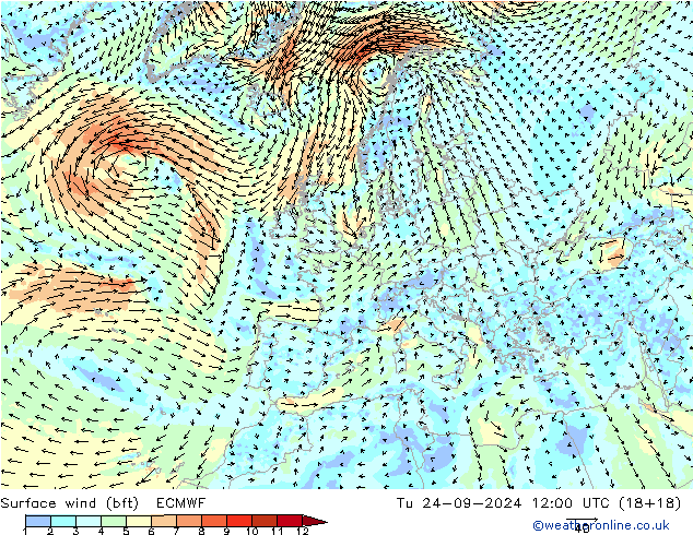 wiatr 10 m (bft) ECMWF wto. 24.09.2024 12 UTC