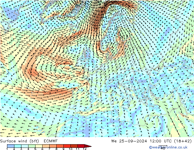 Vent 10 m (bft) ECMWF mer 25.09.2024 12 UTC