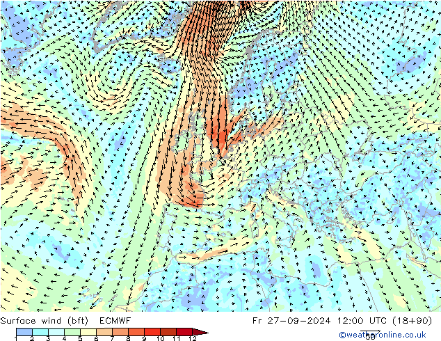 Vento 10 m (bft) ECMWF Sex 27.09.2024 12 UTC