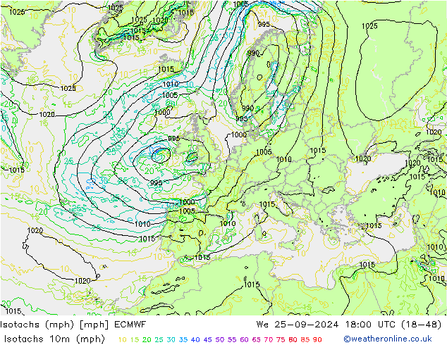 Izotacha (mph) ECMWF śro. 25.09.2024 18 UTC