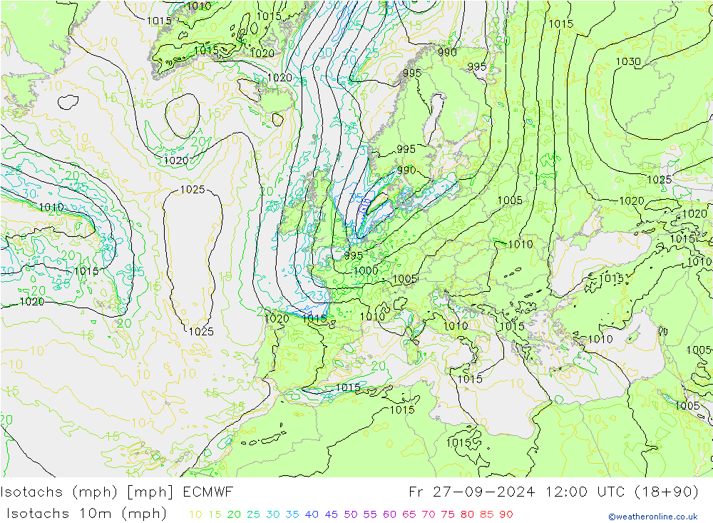 Isotachs (mph) ECMWF Pá 27.09.2024 12 UTC