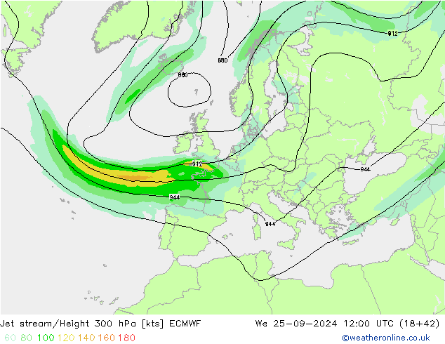 Jet stream/Height 300 hPa ECMWF We 25.09.2024 12 UTC