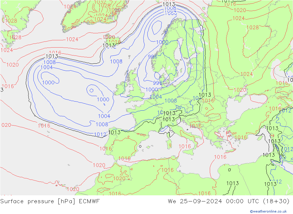 Surface pressure ECMWF We 25.09.2024 00 UTC