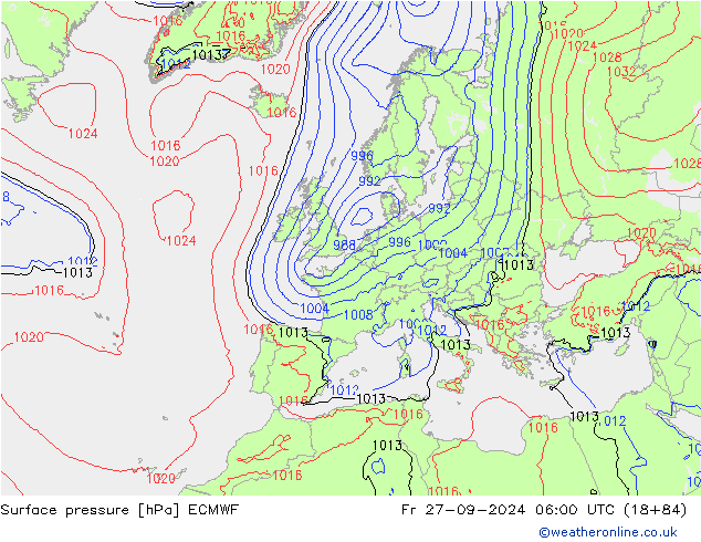 pressão do solo ECMWF Sex 27.09.2024 06 UTC