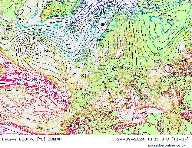 Theta-e 850hPa ECMWF mar 24.09.2024 18 UTC