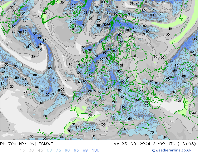 Humedad rel. 700hPa ECMWF lun 23.09.2024 21 UTC