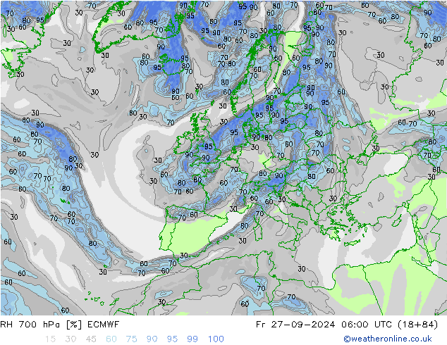 RH 700 гПа ECMWF пт 27.09.2024 06 UTC