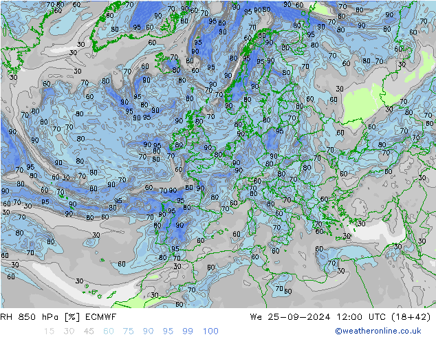 RH 850 гПа ECMWF ср 25.09.2024 12 UTC