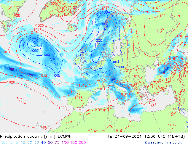 Totale neerslag ECMWF di 24.09.2024 12 UTC