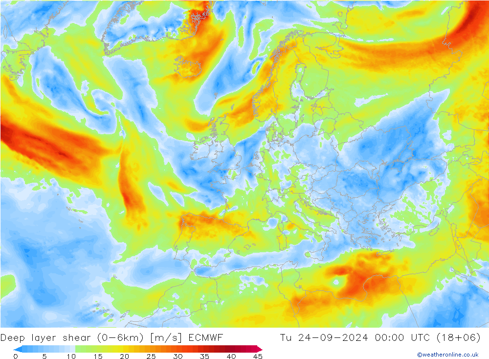 Deep layer shear (0-6km) ECMWF di 24.09.2024 00 UTC