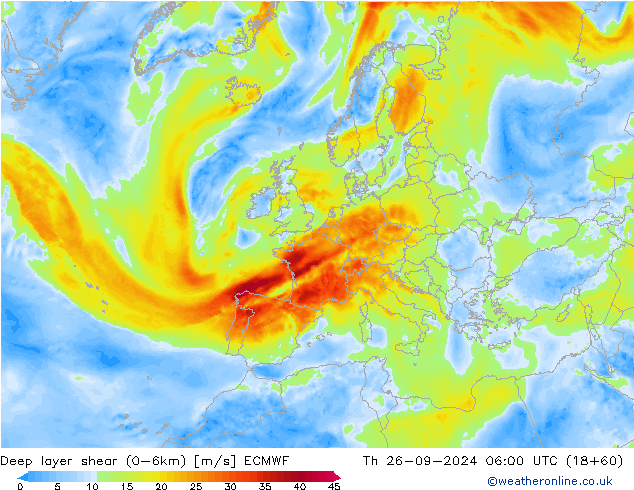 Deep layer shear (0-6km) ECMWF Per 26.09.2024 06 UTC