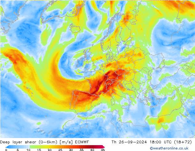 Deep layer shear (0-6km) ECMWF Do 26.09.2024 18 UTC