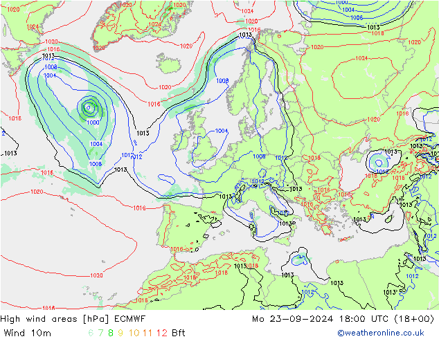 High wind areas ECMWF lun 23.09.2024 18 UTC