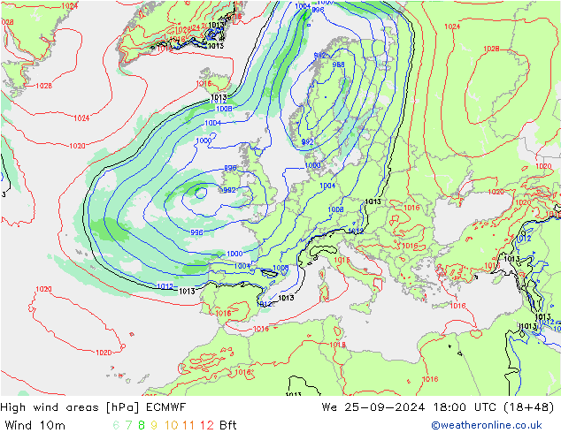 High wind areas ECMWF mer 25.09.2024 18 UTC