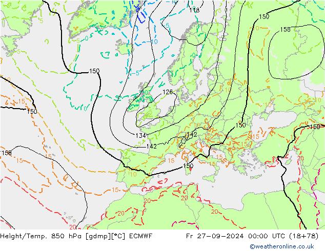 Hoogte/Temp. 850 hPa ECMWF vr 27.09.2024 00 UTC