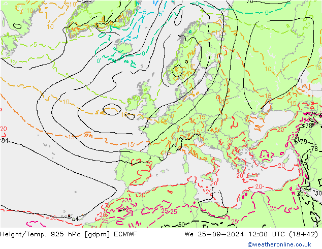 Height/Temp. 925 hPa ECMWF Mi 25.09.2024 12 UTC