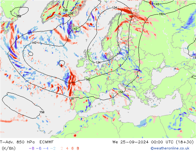 T-Adv. 850 hPa ECMWF wo 25.09.2024 00 UTC