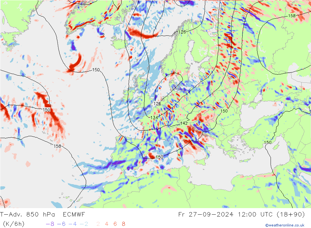 T-Adv. 850 гПа ECMWF пт 27.09.2024 12 UTC