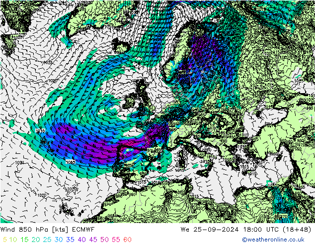 ветер 850 гПа ECMWF ср 25.09.2024 18 UTC