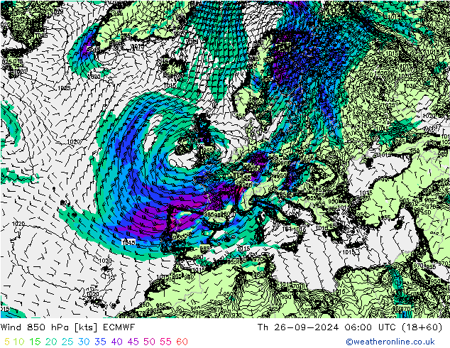 ветер 850 гПа ECMWF чт 26.09.2024 06 UTC