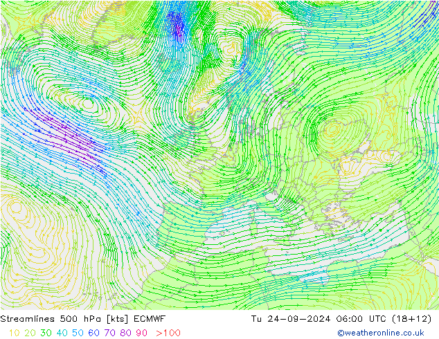 风 500 hPa ECMWF 星期二 24.09.2024 06 UTC