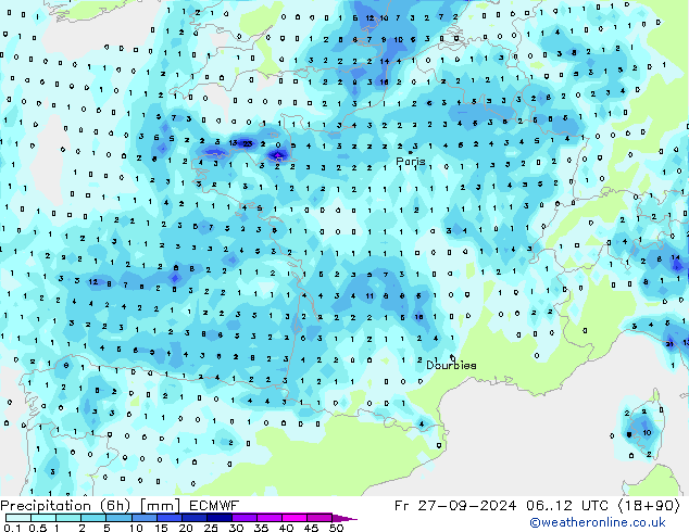 Precipitación (6h) ECMWF vie 27.09.2024 12 UTC