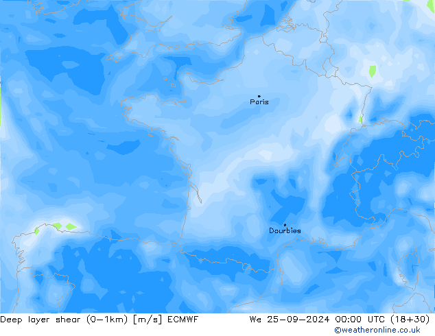 Deep layer shear (0-1km) ECMWF mer 25.09.2024 00 UTC