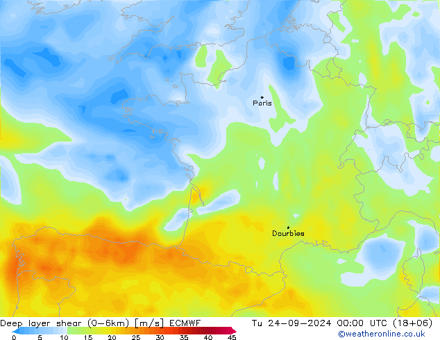 Deep layer shear (0-6km) ECMWF Di 24.09.2024 00 UTC