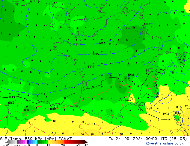 SLP/Temp. 850 hPa ECMWF mar 24.09.2024 00 UTC