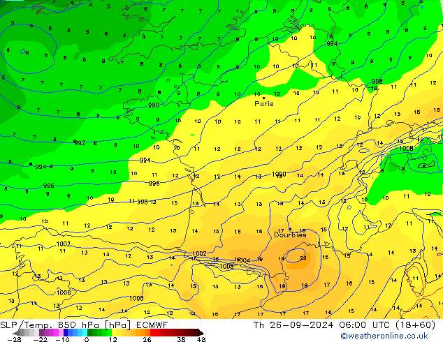 850 hPa Yer Bas./Sıc ECMWF Per 26.09.2024 06 UTC