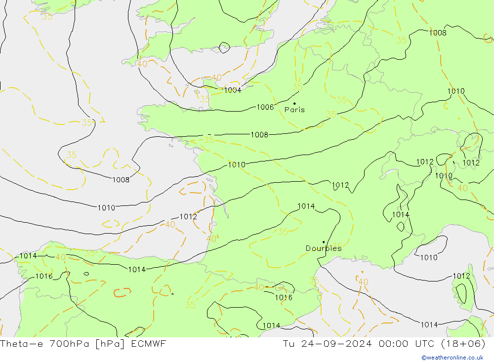 Theta-e 700hPa ECMWF Tu 24.09.2024 00 UTC