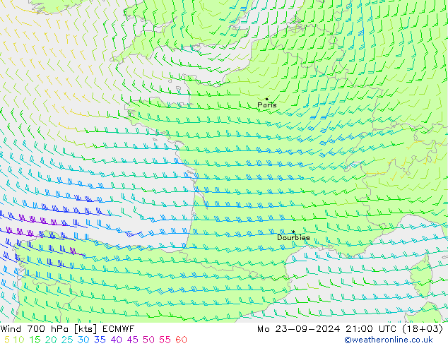 Wind 700 hPa ECMWF Mo 23.09.2024 21 UTC